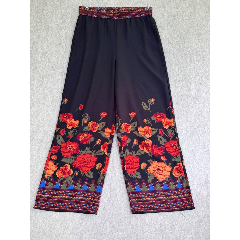 Boho Floral Wide Leg Pants Black Orange Red Geometric Border Print Womens S